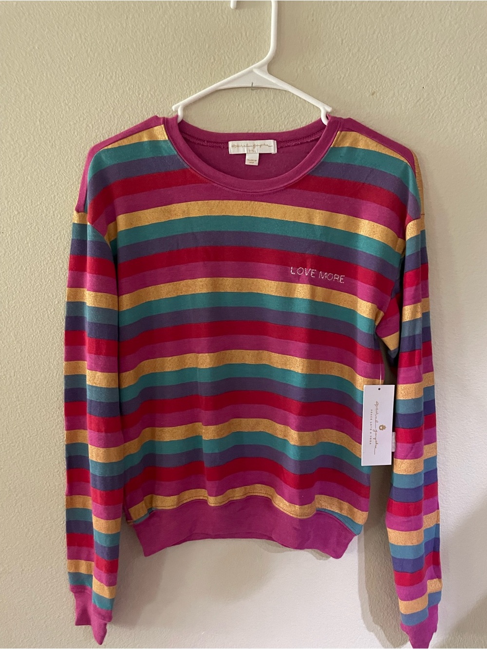 Spiritual Gangster Love More Striped Crewneck - Pink, Teal, Gold, Red